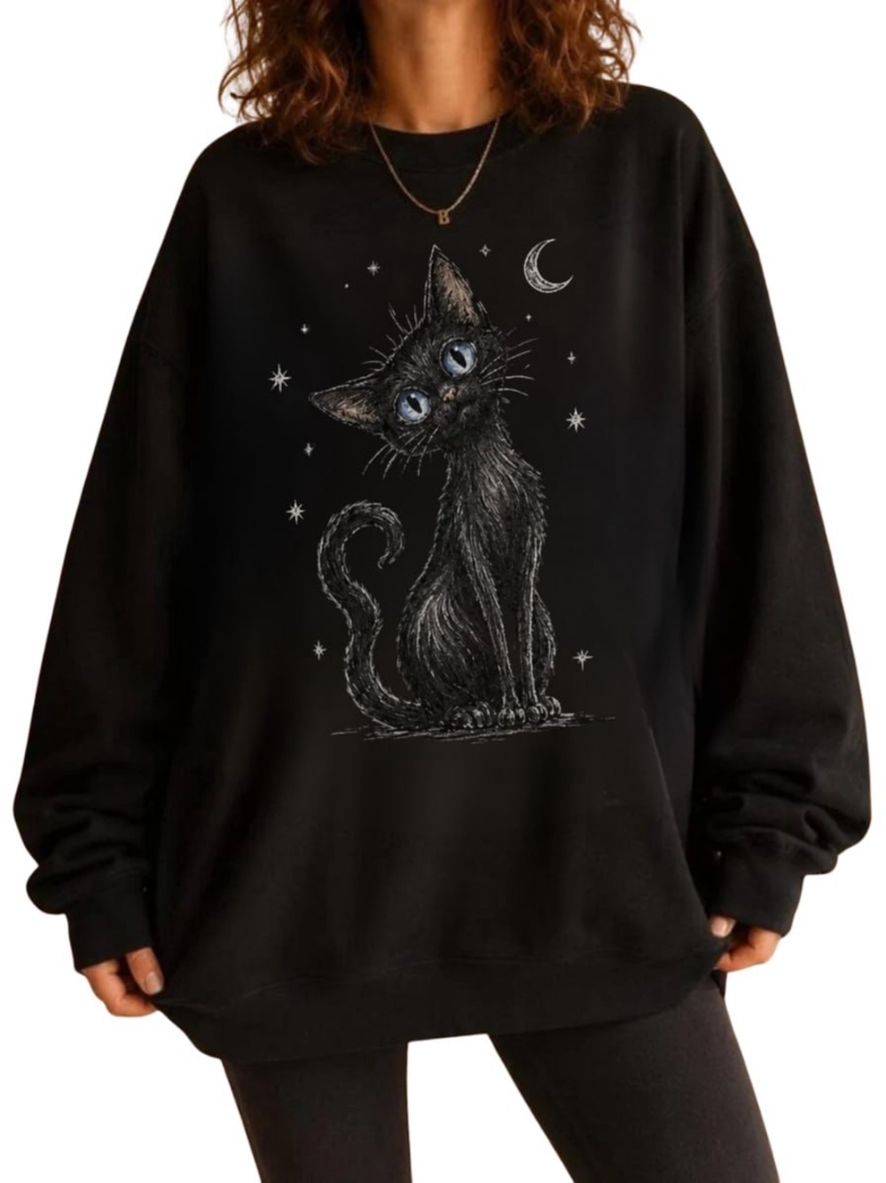 Black Sweatshirt with Whimsical Black Cat Graphic